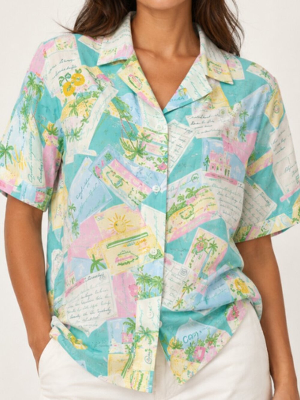 Gloria Vanderbilt Postcard Print Short Sleeve Button-Up Shirt Size Large